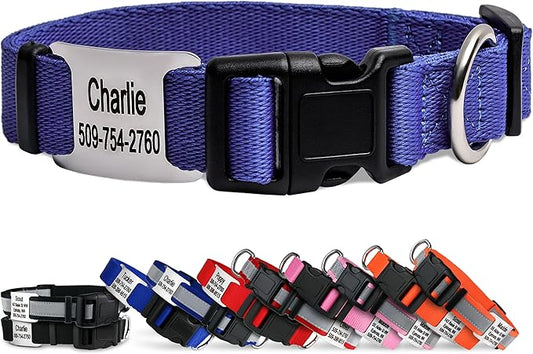 GoTags Personalized Dog Collar with Nameplate, Adjustable Dog Collar with Custom Engraved Slide On Pet ID Tag in Stainless Steel, Silent, No Noise Dog Tag (Lavender, Medium)