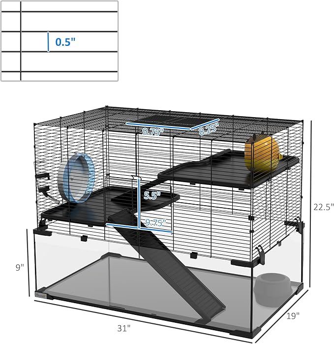 PawHut Large Hamster Cage with Deep Tempered Glass Bottom, 3 Tiers Hamster Tank with Running Wheel, Hut, Water Bottle, Dish, Rat Cage for Syrian, Dwarf, Gerbils, Mouse, 31" x 19" x 21.5", Black