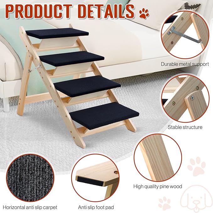 Wood Dog Stairs/Pet Steps, 2-in-1 Foldable Wooden Pet Ramp with Non-Slip Pet Stairs for Small to Medium for Bed,Sofa, Couch, Car, Indoor Pet Dog Cat 4 Steps Stairs Ladder Up to 110 Pounds