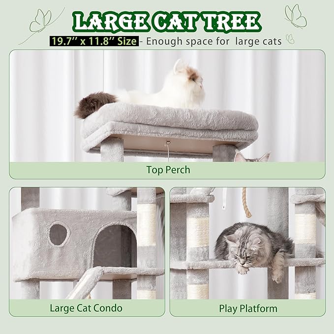Cat Tree for Large Cats, 78.7"(200cm) Tall Cat Tower for Indoor Cats Multiple Cats with Large Top Perch, Cat Condo, Cat Hammcok, Cat Scratching Post, Light Gray GCT031W