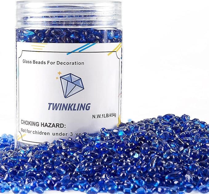 TWINKLING High Luster Round Fire Glass Stones, Marbles, Pebbles, Beads Gems for Fire Pit Vase Fillers Crafts Aquarium Garden Decoration, 3-6mm, 1-Pound Jar (Cobalt Blue)