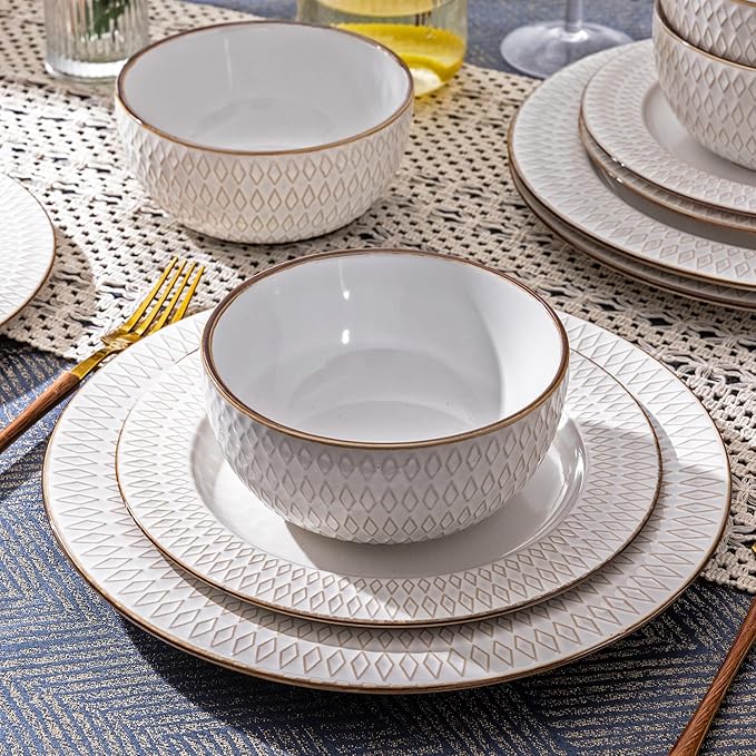GBHOME Ceramic Dinnerware Sets, 24 pcs Embossed Elegant Stoneware Plates and Bowls Sets, Housewarming Wedding Gift | Dishwasher & Microwave Safe | Dishes Set Service for 8