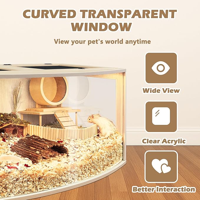 Hamster Cage Chew Proof Wood, Hamsters Enclosure Openable Top with Curved Design,Waterproof Small Animals Cage with Acrylic Sheets for Gerbils,Hamster Habitat(32 Inches)