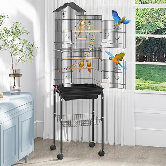 YITAHOME 62 Inch Large Bird Cage - Metal Flight Cage with Rolling Stand, Feeding Doors & Hanging Accessories for Parrots Cockatiels Conures Lovebirds Parakeets Small Birds
