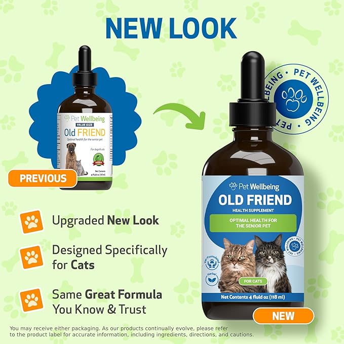 Pet Wellbeing Old Friend for Senior Cats - Supports Immune System Health, Joint Mobility, Healthy Energy Levels, Alfalfa, Reishi - Veterinarian-Formulated Herbal Supplement 4 oz (118 ml)