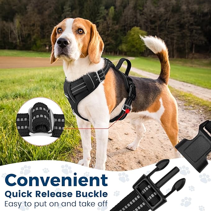 Funfox Dog Harness No Pull, Adjustable Dog Vest Harness Super Soft, 2 Leash Clips Anti Pull, Vertical Handle Easy to Control, Reflective Night Walking for Large Breed, Black, L