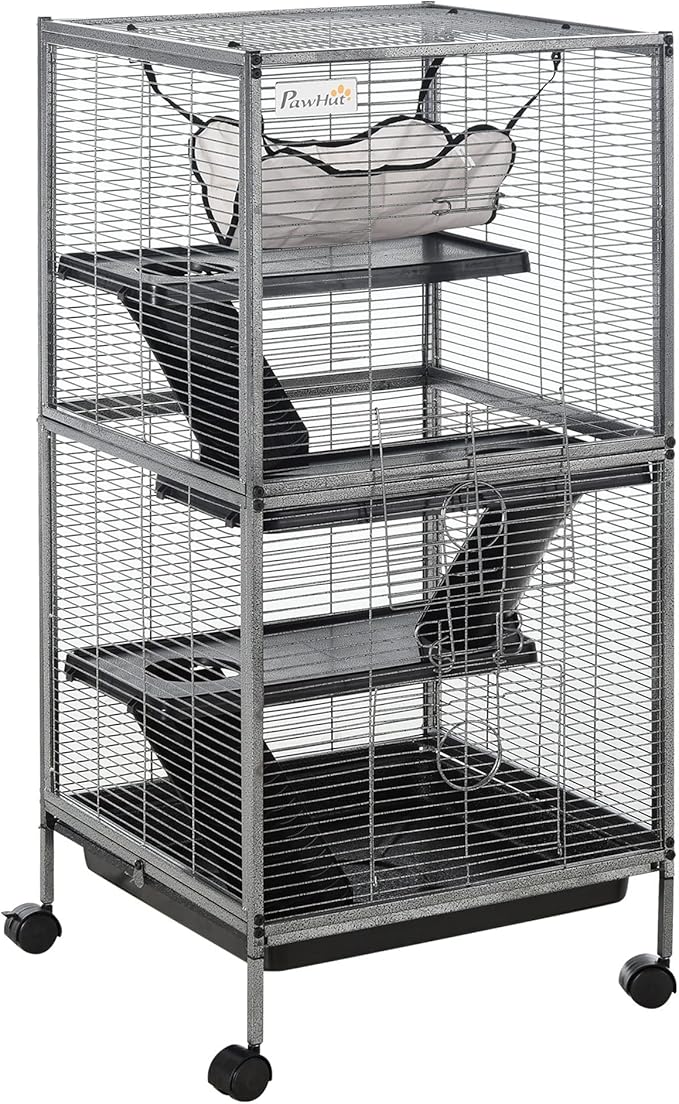 PawHut Metal Small Animal Cage, 4-Tiers Rolling Big Ferret Cage with Hammock, Removable Tray, for Chinchilla, Sugar Glider, Gray