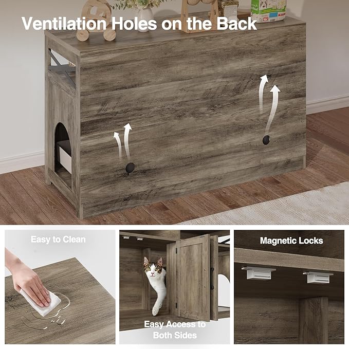 Cat Litter Box Enclosure for 2 Cats, 47" Hidden Litter Box Furniture Cat Washroom with Double Large Room, Farmhouse Indoor Litter Box Cabinet TV Stand, Grey