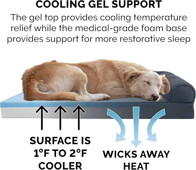 Furhaven Cooling Gel Dog Bed for Large Dogs w/ Removable Bolsters & Washable Cover, For Dogs Up to 95 lbs - Quilted Sofa - Iron Gray, Jumbo/XL