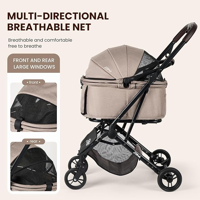 Pet Stroller, Small to Medium Dogs & Cats, Foldable, One-Hand Fold, Detachable Carrier, Latte Color