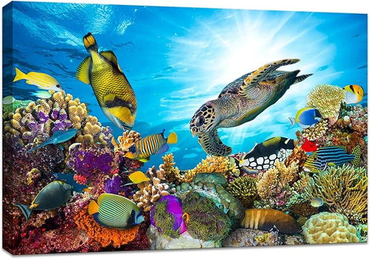 Large Wall Decor Colorful Sea Underwater World Coral Sea Turtle and Tropical Fish Painting Gallery Wrapped Ready to Hang Picture Artwork for Living Room Kids Nursery Room 28"x40"