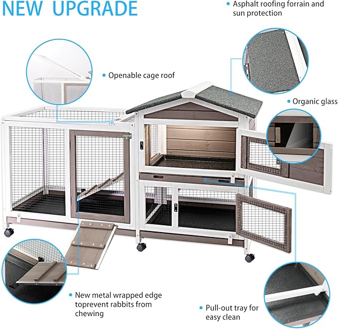 Rabbit Hutch Indoor Outdoor Two Story Bunny Hutch with Wheels Guinea Pig Cage with Removable No Leaking Tray Wooden Pet House