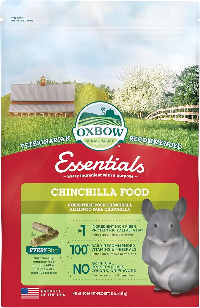 Oxbow Essentials Chinchilla Food, Made with Oxbow Alfalfa, Vitamin & Mineral Rich Food for Chinchillas, Small Animal Pet Pellets, Made in USA, High Fiber, 10 lb Bag