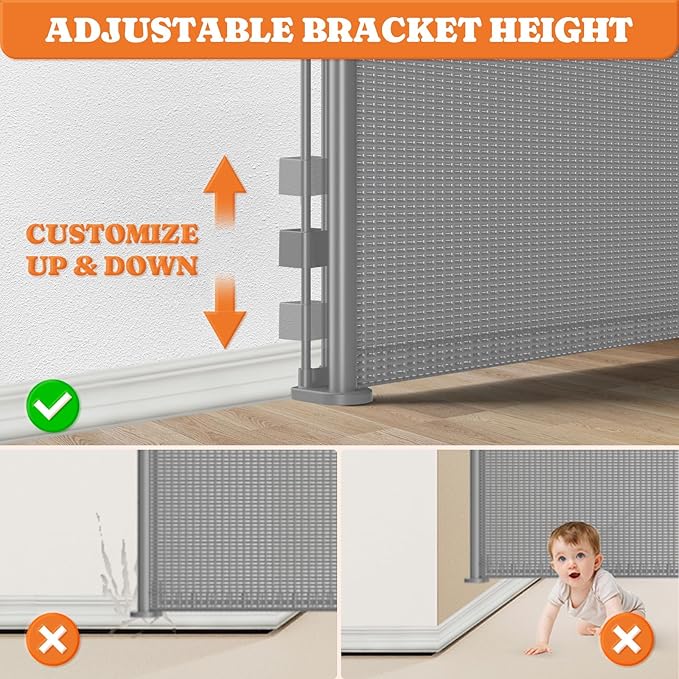 Upgrade Retractable Baby Gates, 35" Tall Extends up to 60" Wide, Mesh Dog Gate Indoor for Stairs, Outdoor Reinforced Pet Gate with Support Rods for Doorways Hallways Kitchen Bedroom, Grey