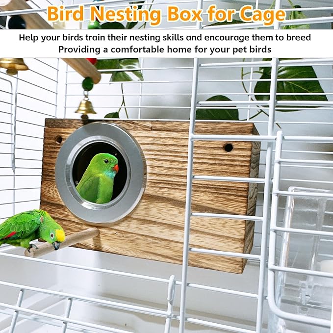 kathson Parrots Nesting Box Parakeet Nest House for Cage Budgie Breeding Hut with Coconut Fiber Bedding Wooden Bird Mating Box for Lovebirds and Small Parrot Birds