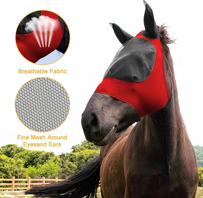 2 Piece Horse Fly Mask with Ears, Comfortable Fit Stretch Fabric Big Eye Space Soft Breathable with UV Protection for Full Horses (Red-Blue)