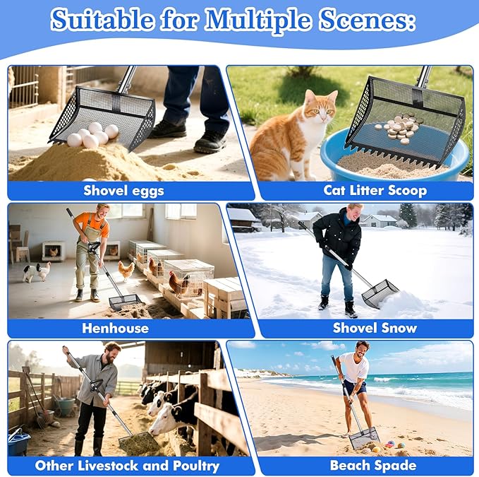 12 Inch Chicken Poop Scooper & Rake 2-in-1, Large Metal Shovel Head, Rubber Handle Stainless Steel Chicken Litter Scoop for Chicken Coops, Litter Screening Scoop (35 to 65in) US Patent Pending (Black)