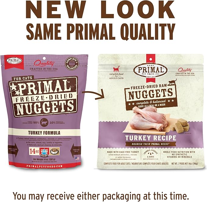 Primal Freeze Dried Raw Cat Food Nuggets Turkey, Complete & Balanced Meal or Topper, Premium, Healthy, Grain Free, High Protein Raw Cat Food with Probiotics (5.5 oz)