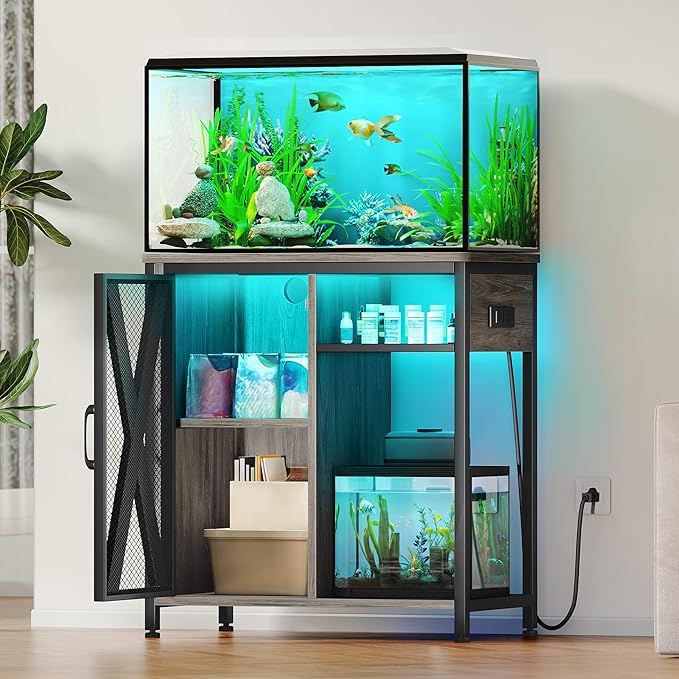 YITAHOME Fish Tank Stand with Power Outlets & LED Light, 20-29 Gallon Metal Aquarium Stand with Cabinet for Fish Tank Accessories Storage for Turtle Tank, Reptile Terrarium, 350LBS Capacity, Grey