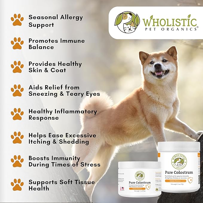 Wholistic Pet Organics Pure Colostrum - 2 Oz - Dog Allergy Relief & Itchy Skin Treatment, Senior Dog Supplements & Immune Support, Licking Paws Relief