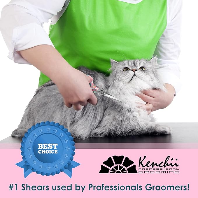 Kenchii Happy Kitty Ball Tip Shears Trimming Scissors for Cats | Pet Grooming Kitten Essentials | Stainless Steel Safety Blunt Tip Scissors | 6.5 In