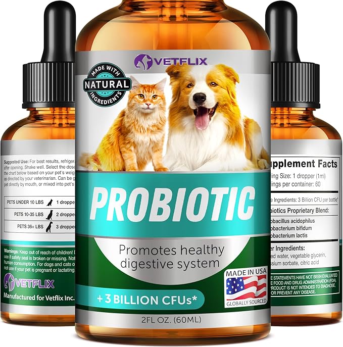 Premium Probiotics for Dogs, Cats - Digestive Enzymes & Prebiotics Supplement - Helps to Relieve Diarrhea, Vomiting, Upset Stomach, Gas, Constipation & Bad Breath - Supports Digestive System - 2 Fl Oz