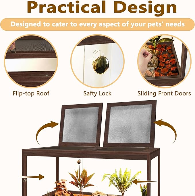 Bearded Dragon Tank,60 Gallon Reptile Tank with Meatl Mesh Roof and Front Sliding Door, Anti-Scratch Lizard Tank,Spacious Reptile Enclosure for Snakes,Lguanas, Chameleons(Walnut)