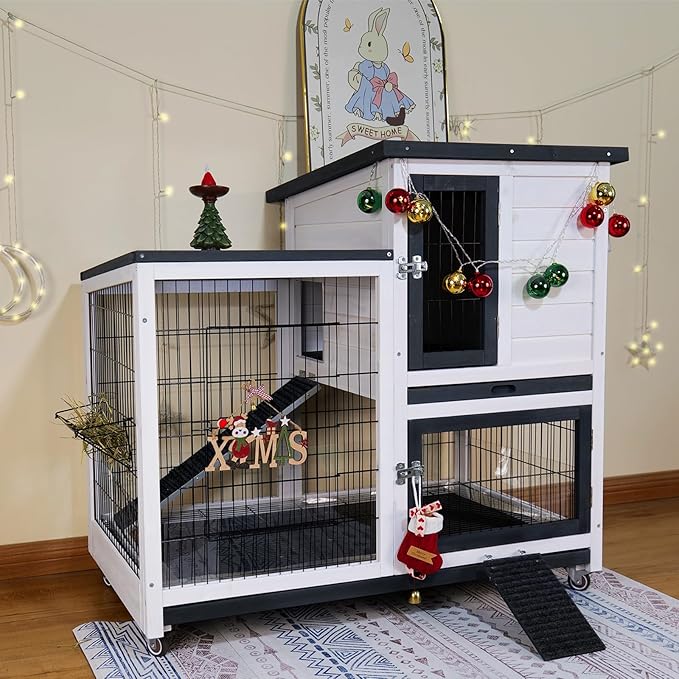 Bunny Hutch Indoor Rabbit Cage Outdoor 2-Story Rabbit House with Urine Guards and 2 Removable Tray for Small Animals