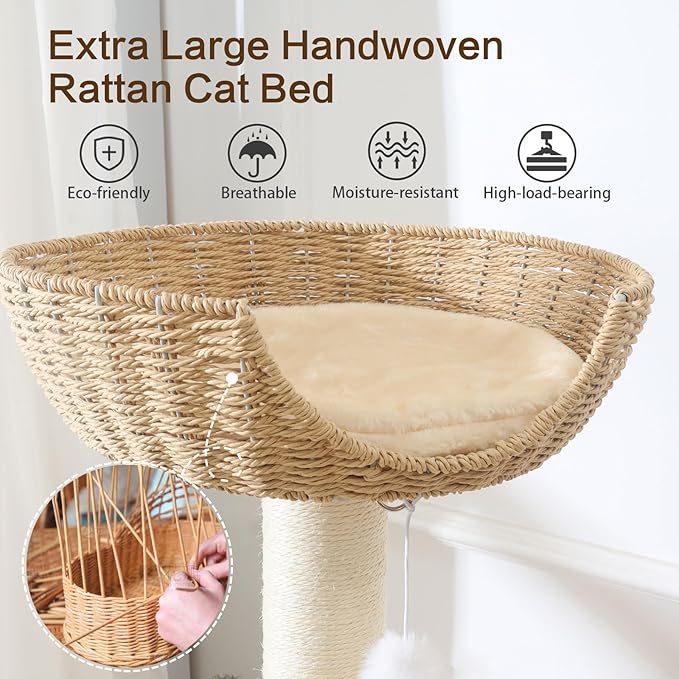 Wooden Cat Tree for Large Cat, 49.6-Inch Tall Cat Tower with Scratching Post for Indoor Cats, Multi-Level Cat Condo with Hand-Woven Cat Bed and Scratching Board Easy to Clean