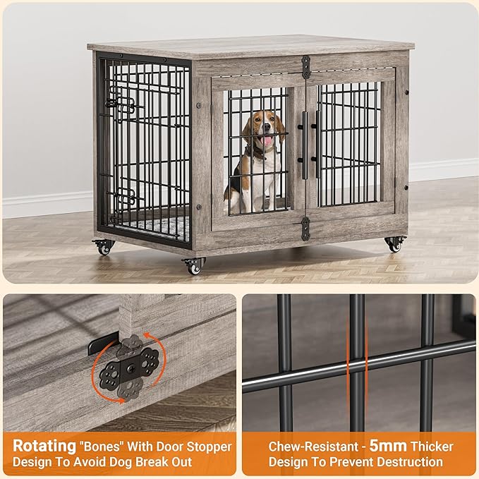 Lulive Dog Crate Furniture Set of 2, Dog Kennel Indoor Double Doors Wooden Dog Cage, 32'' Heavy Duty Dog Crate with Cushion & Wheels, End Table Pet House Chew-Resistant Up to 45 lb, Grey