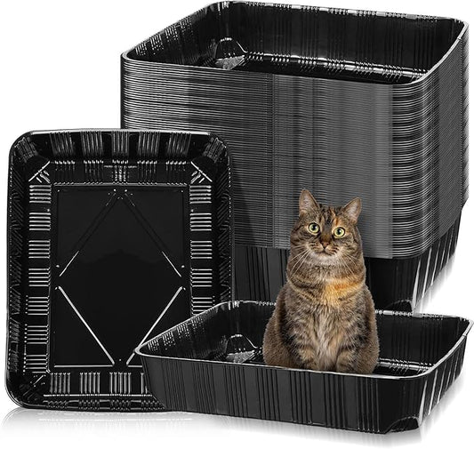 Zubebe 50 Pack Disposable Cat Litter Box for Cats, Large Disposable Kitty Litter Tray Boxes 19.69 x 15.75 x 3.94 Inches Plastic Pets Pan Standard for Indoor Home Travel Portable(Black)