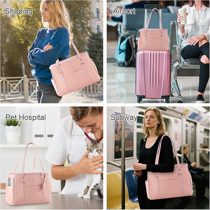 Fashion Dog Carrier Purse, Premium Leather Cat Carrier Bag, Airline Approved Soft Sided Pet Travel Tote Bag with Pockets Pink