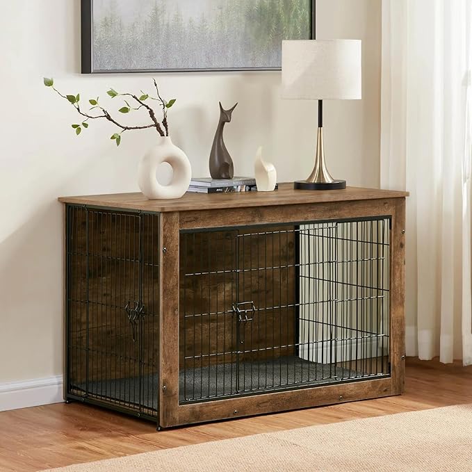 Dog Kennel Furniture, Wooden Dog Crate End Table, Heavy Duty Dog Crate, Decorative Pet Crate Dog Cage for Large Indoor Use (Rustic Brown) 27" L×20" W×23" H