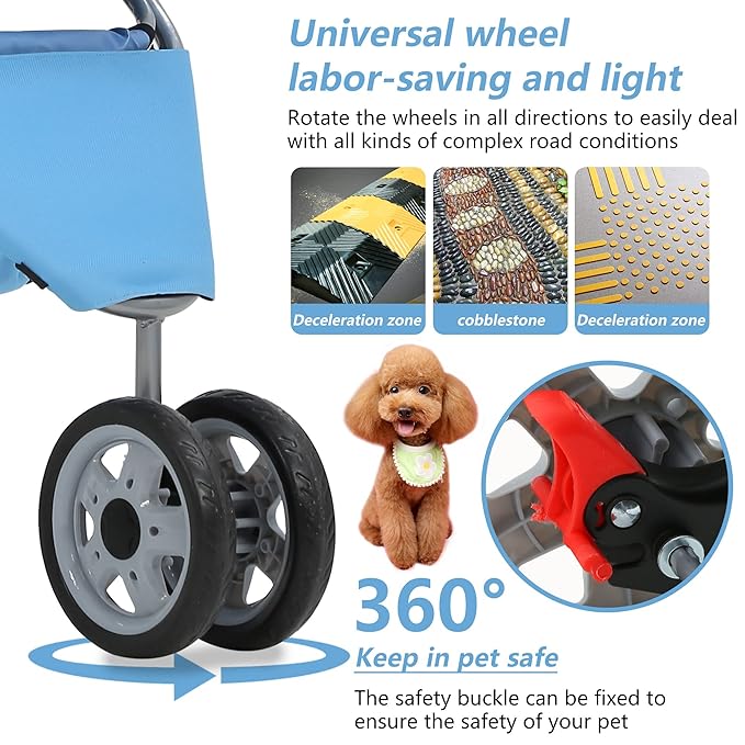 Dog Stroller,3 Wheels Travel Folding Pet Stroller for Small Medium Dog Cat Jogger Stroller with Storage Basket Removable Liner Blue