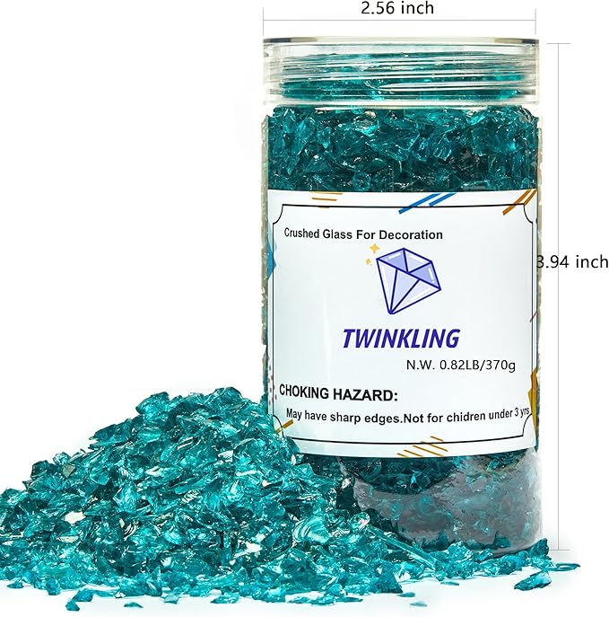 TWINKLING High Luster Crushed Glass Glitter, Broken Glass, Fire Glass Gems Chips for Fire Pit, DIY Resin Art, Epoxy Crafts, Geode Painting, Aquarium Decoration, 6-9mm(370g/13oz.) (Turquoise)