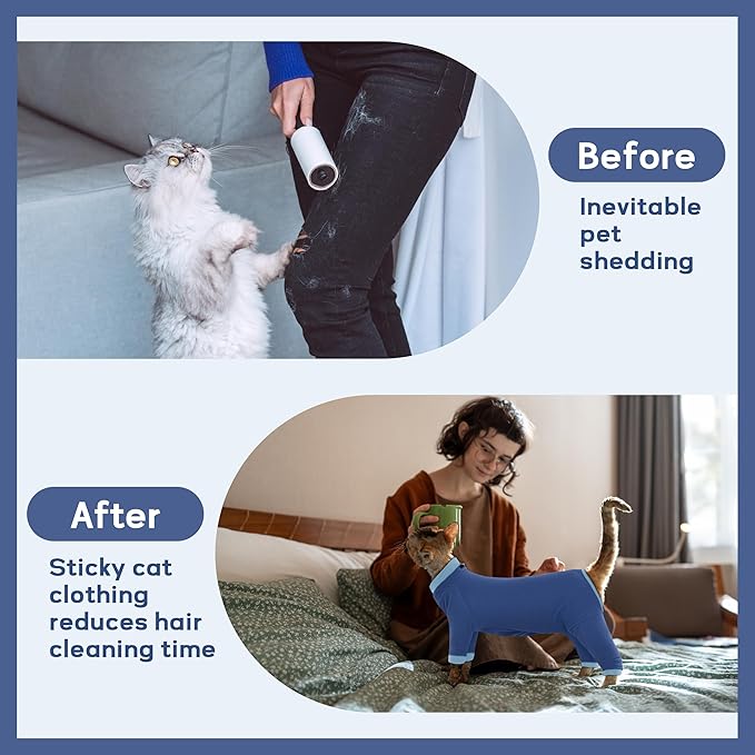 PUMYPOREITY Cat Hair Sticky Shirt – Breathable & Lightweight, Reduces Shedding Fur Pajamas, Prevents Licking Wounds After Surgery, Blue, M