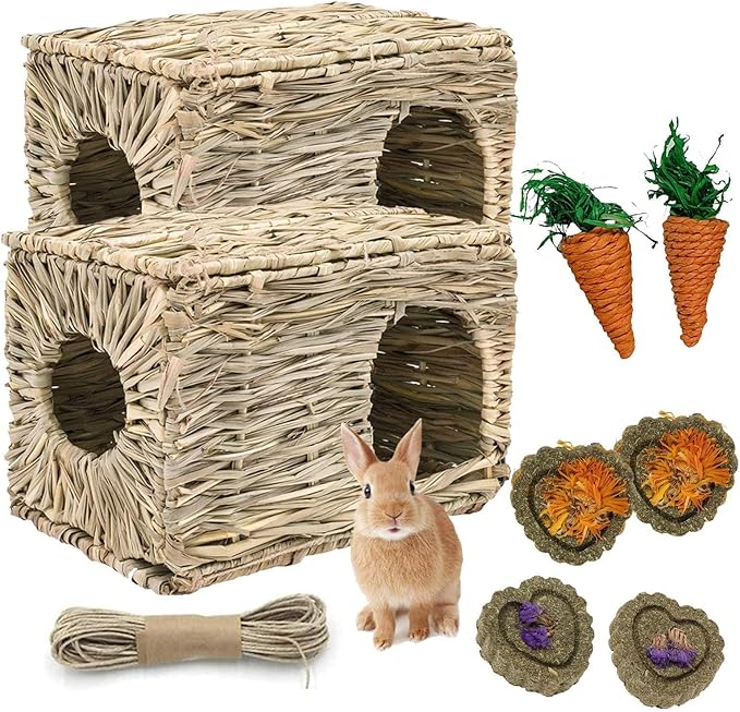 kathson 2 Pcs Large Rabbit Grass House Natural Foldable Hand Woven Seagrass Bed Carrot Hay Toy Hut Safe Comfortable Playhouse with Bunny Chew Toys for Bunny Hamster Guinea Pig Chinchilla Ferret
