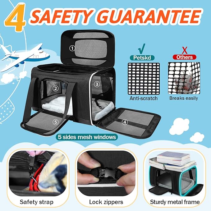 Petskd Top-Expandable Pet Carrier with Wheels 17x11x9.5 Inches Alaska Airline Approved, Soft-Sided Carrier for Small Cats Dogs with Locking Safety Zippers and Anti-Scratch Mesh(Black)