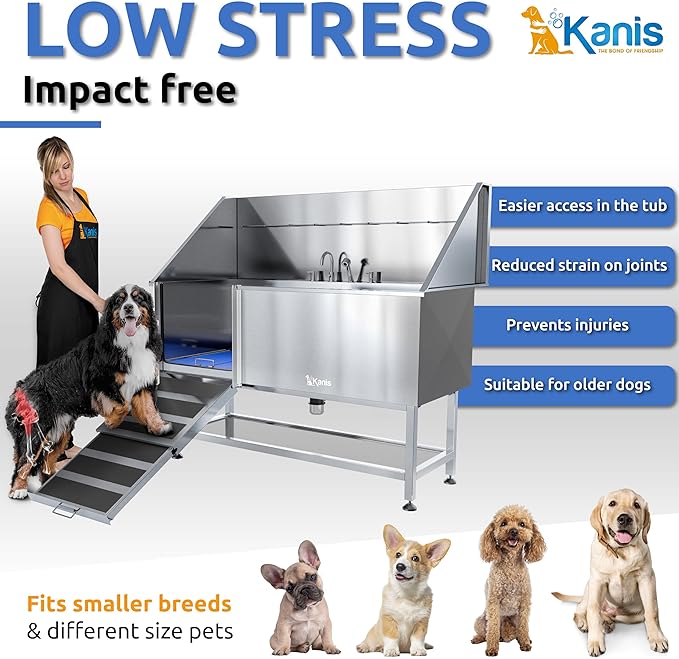 KANIS Professional Dog Washing Station - 304 Stainless Steel Pet Wash Sink & Grooming Bath Tub for Home with Ramp, Shower, Floor Grate, Storage Shelf, Faucet, Drain Kit for Large, Medium & Small Pets