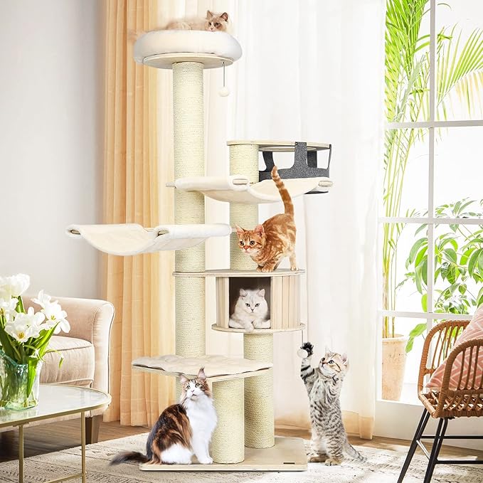 Tangkula Large Cat Tree, Multi-Level Tall Cat Tower with Sisal Scratching Posts, Hammocks, Hanging Basket, Cat Condo and Removable Washable Cushions, Modern Wood Cat Tree for Indoor Cats Large Adult