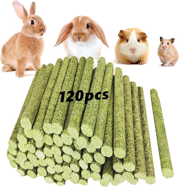 Rabbit Toys,Timothy Hay Stick for Guinea Pig Toy Bunny Chew Toys for Teeth Grinding Hamster Alfalfa Bite Treat Rabbit Molar Food Snack for Pet Rat Chinchilla Squirrel Gerbil-120PCS