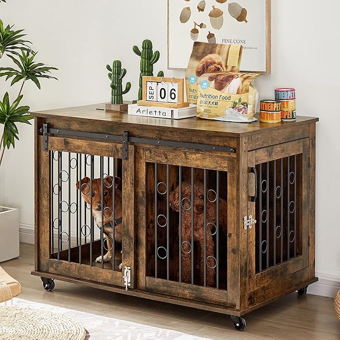 IchbinGo Dog Crate Furniture with Sliding Barn Door, 39" Wooden Dog Kennel End Table with Wheels and Flip-top Plate Dog House with Detachable Divider for Small/Medium/Large Dog (Rustic Brown)