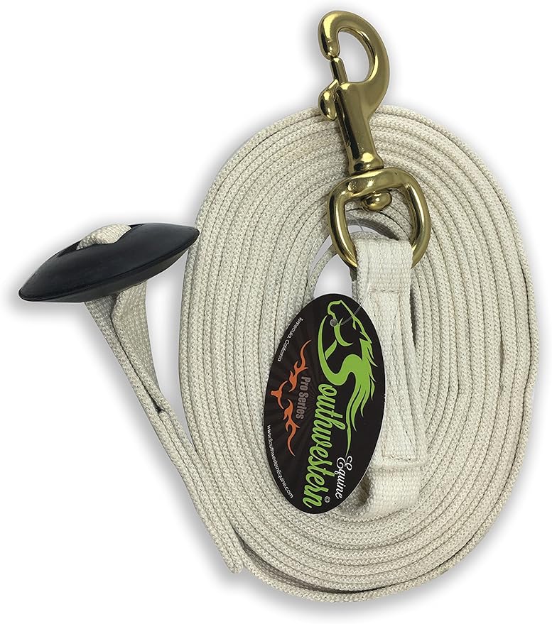 Southwestern Equine Lunge Line for Horses Cotton Horse Lunge Line with Bolt Snap & Rubber Stop (White, 24')