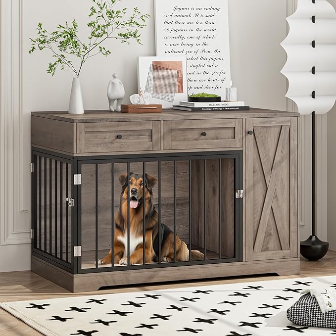 Dog Crate Furniture Kennel with Double Doors Wooden Pet House with 2 Drawers and Storage Cabinet, Indoor Dog Cage Farmhouse Modern Side End Table for Small Medium Dogs, Rustic
