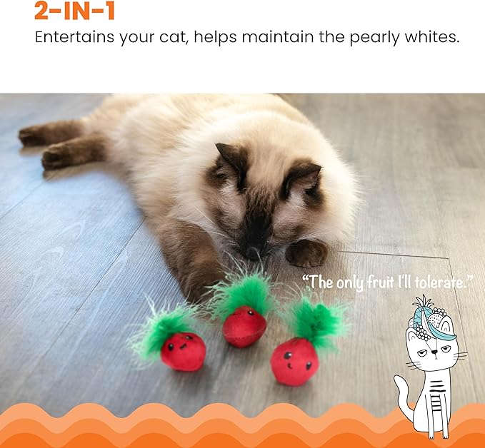 Catstages Strawbabies 3-Pack Catnip Cat Toys for Dental Health, Feather & Crinkle Teething Toys for Kittens and Indoor Cats, Interactive Play, Pink