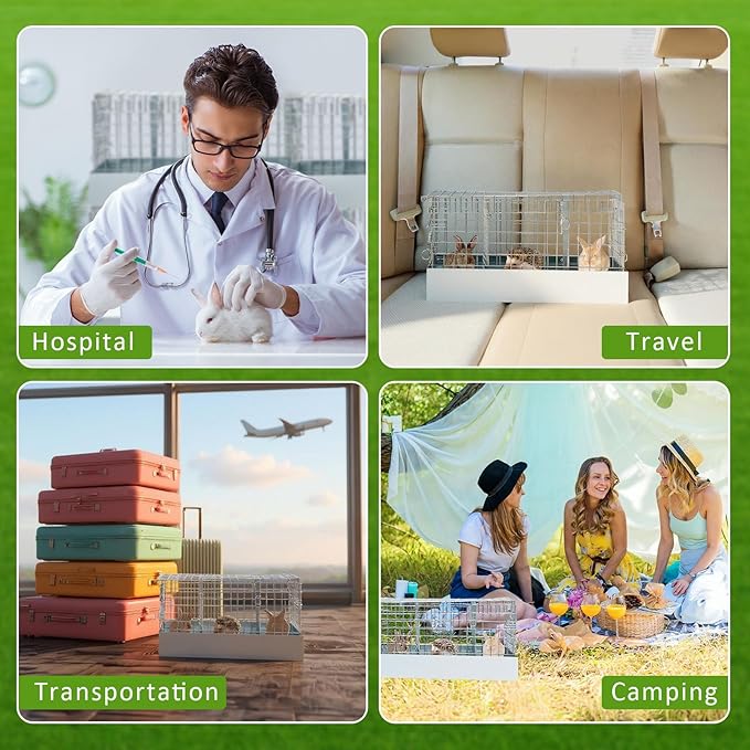 Folding Rabbit Cage, 18 x 12 x 10 in Portable Bunny Carrier with Tray and Handles for Transport, Travel or Temporary Housing, Indoor Outdoor Pet Habitat Animal Enclosure