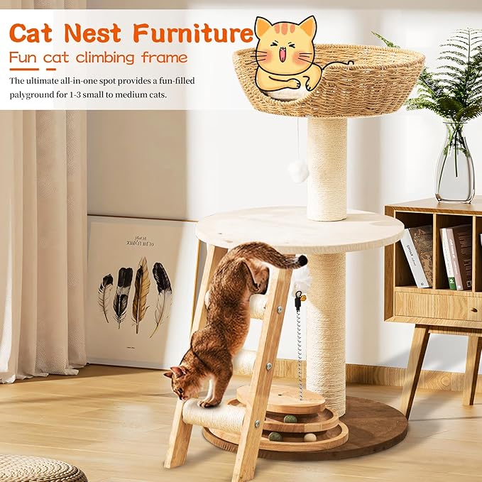 Natural Wood Modern Cat Tree with Top Cats Bed, Unique Cute Cats Furniture Activity Centre with Sisal Rope Scratching Posts, Cats Tower Condo with Interactive Cat Toy Tree