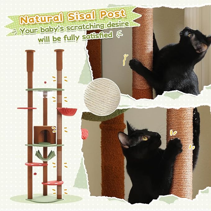 PEQULTI Floor to Ceiling Cat Tree 92.9’’-101.6’’ Height Adjustable Mushroom Cat Tower Tall Climbing Play House with Scratching Posts, Cozy Condo, Perches and Large Hammock for Indoor Cats Brown