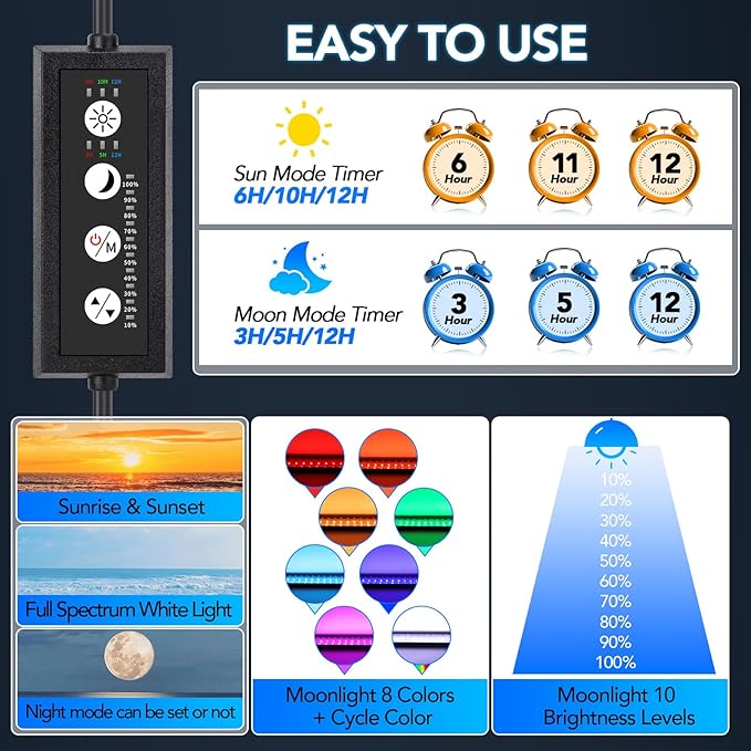 hygger Sun Moon LED Aquarium Light, Full Spectrum Fish Tank Light Day-Night Dual Timer, Adjustable 6 Timer 10 Brightness 8 Colors for Planted Freshwater Tank