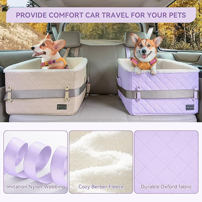 PETSFIT Dog Booster Car Seat, Soft Foam Cat Car Seat with Patented Safety Buckles, Storage Pockets and Detachable Clip-On Safety Leash, Dog Car Seats for Small Dogs Under 30 LBS (Purple)